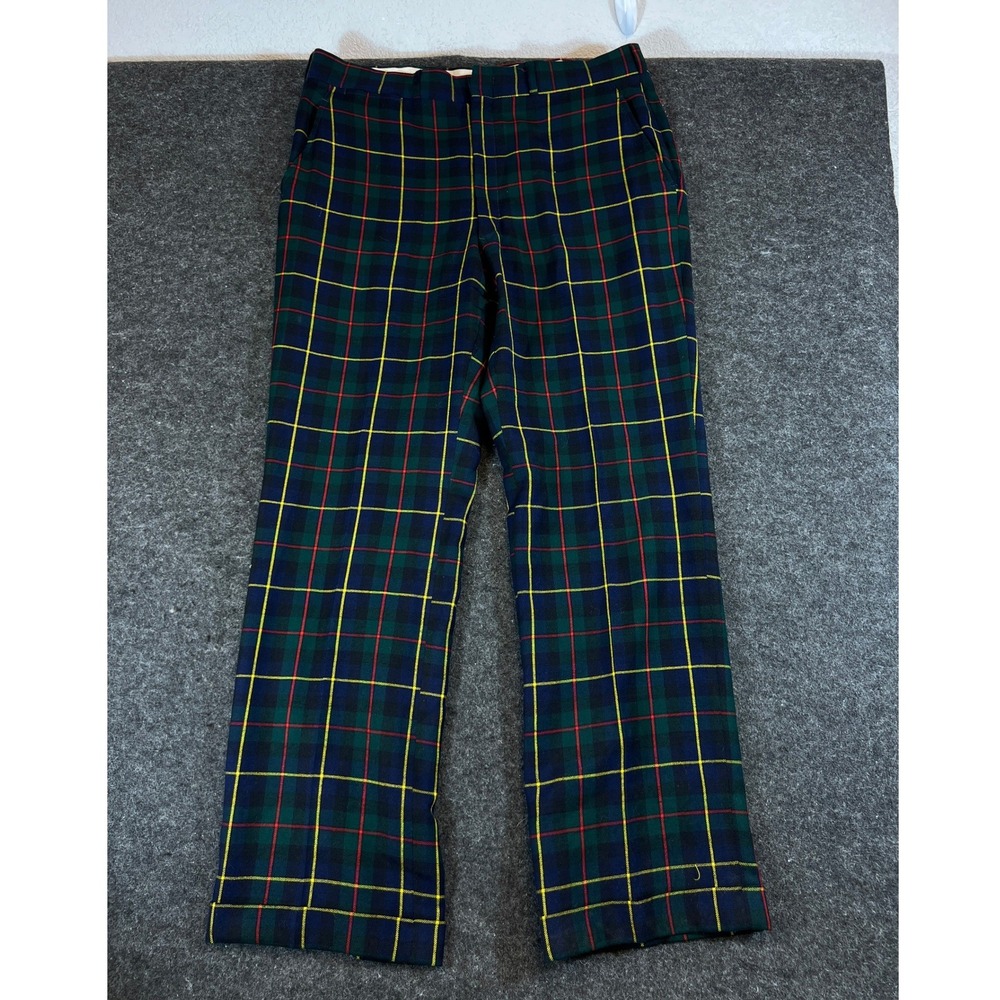 Vintage Brooks Brothers Plaid Tartan Wool Trousers Mens 37x31 Navy Green Cuffed